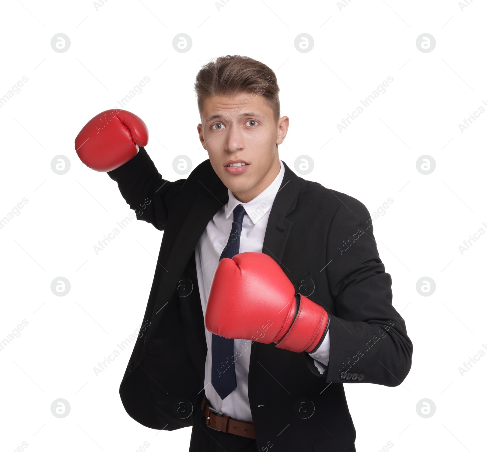 Photo of Competition. Businessman in suit wearing boxing gloves on white background