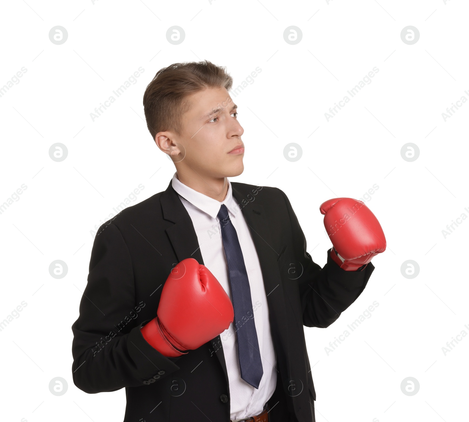 Photo of Competition. Businessman in suit wearing boxing gloves on white background