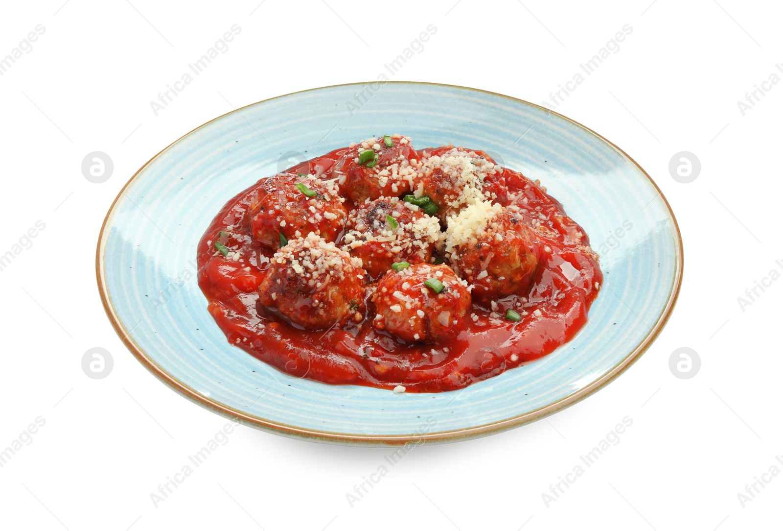 Photo of Delicious meatballs with tomato sauce, parmesan cheese and herbs isolated on white