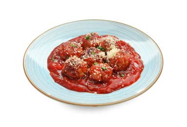 Photo of Delicious meatballs with tomato sauce, parmesan cheese and herbs isolated on white