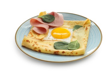 Photo of Delicious crepe with egg, ham and basil isolated on white