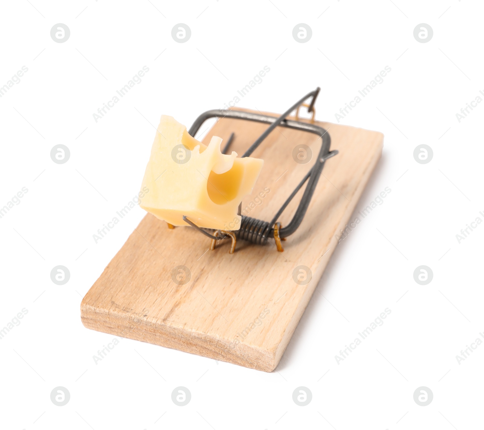 Photo of Spring-loaded bar mousetrap with piece of cheese isolated on white