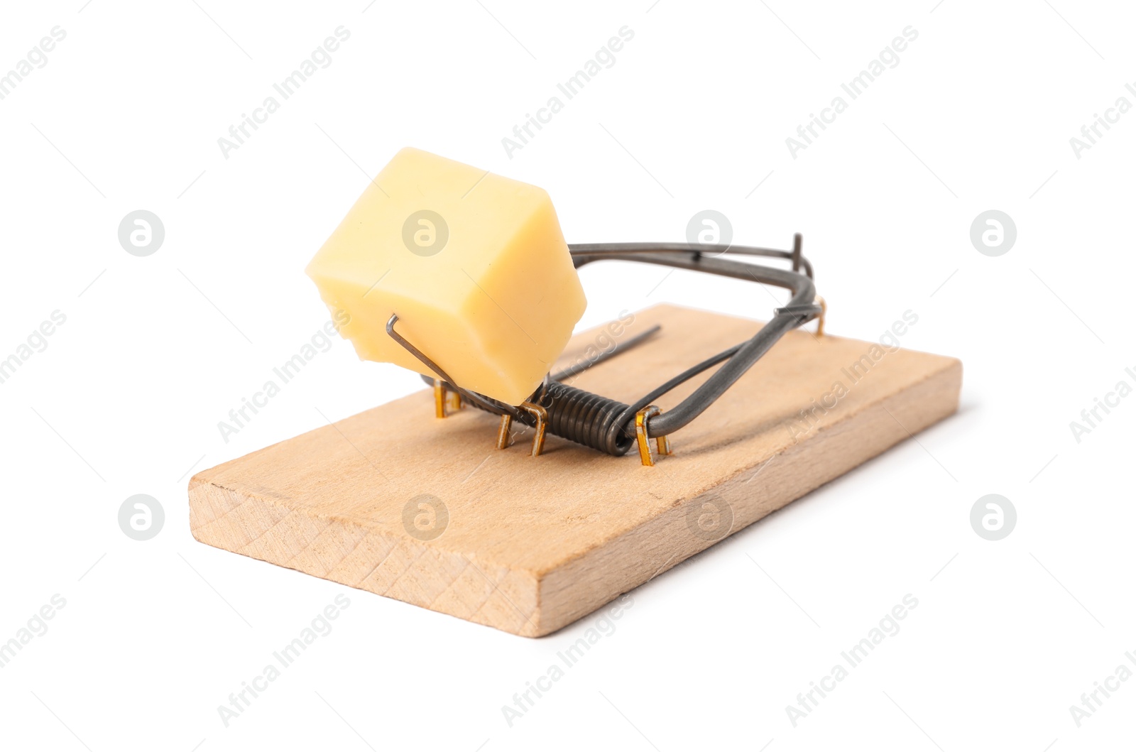 Photo of Spring-loaded bar mousetrap with piece of cheese isolated on white