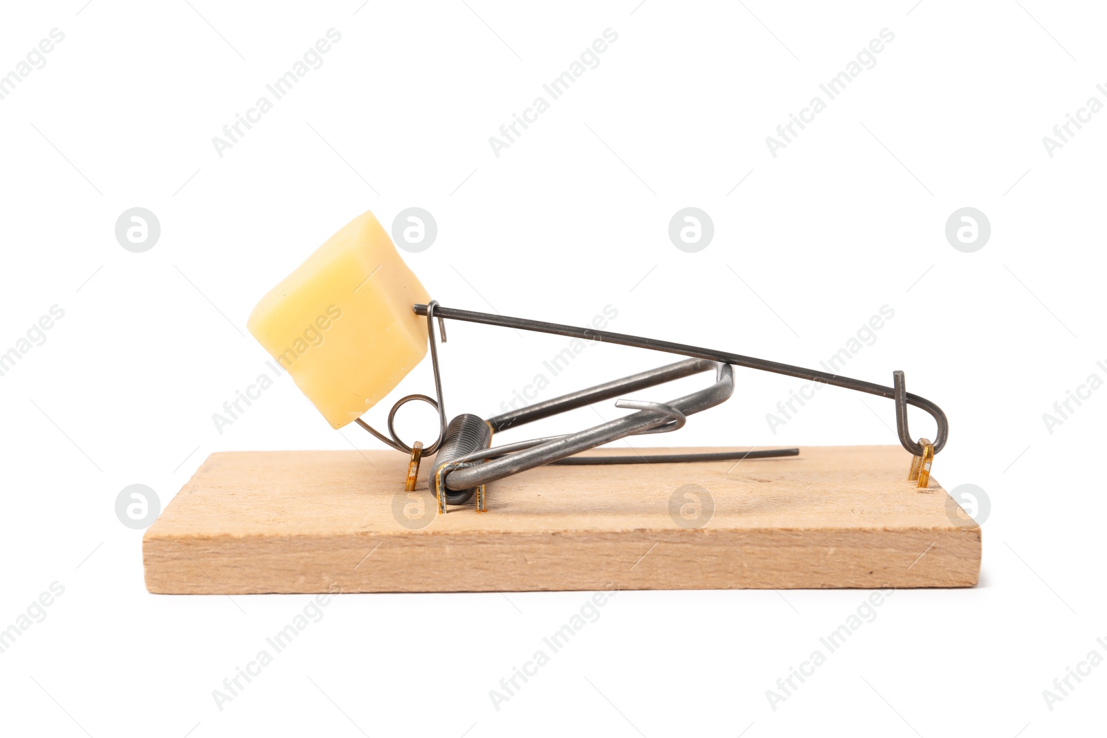 Photo of Spring-loaded bar mousetrap with piece of cheese isolated on white