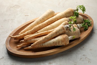 Photo of Many fresh parsley roots on grey table, closeup