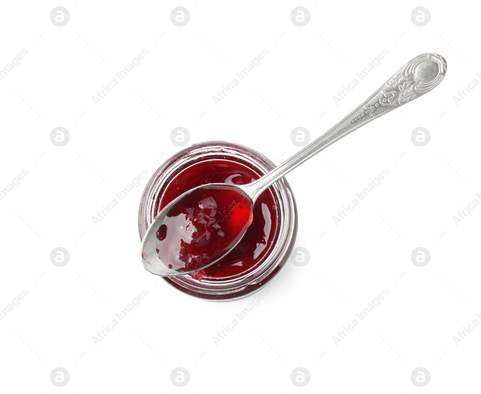 Photo of Tasty strawberry sauce in jar with spoon isolated on white, top view