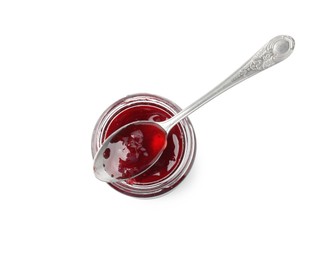 Photo of Tasty strawberry sauce in jar with spoon isolated on white, top view