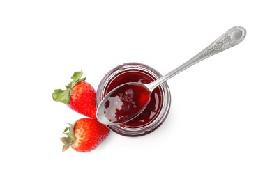 Photo of Tasty strawberry sauce in jar with spoon and fresh berries isolated on white, top view