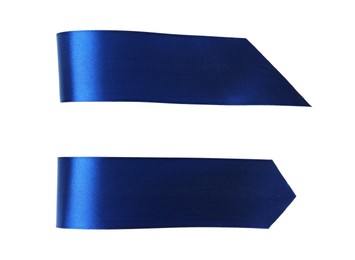 Photo of Blue ribbon bookmarks isolated on white, top view