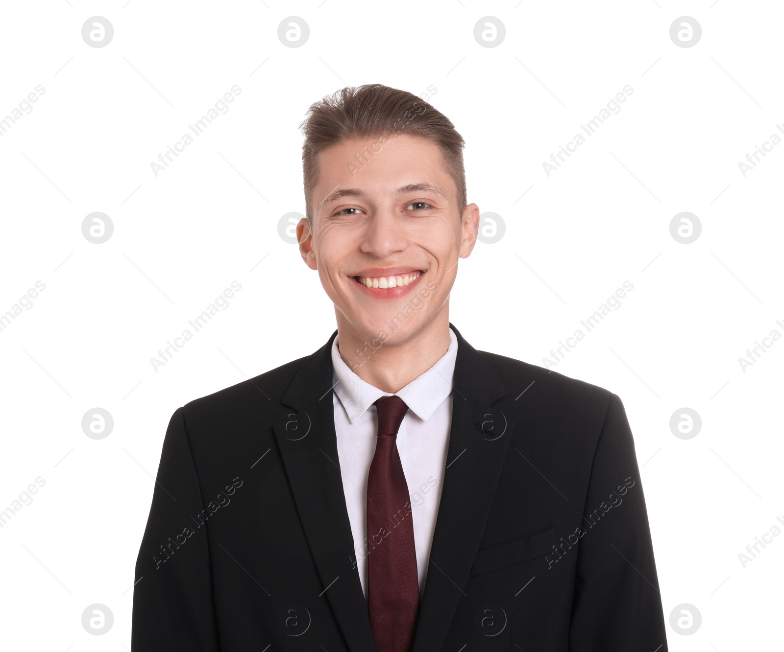 Photo of Handsome young man in suit on white background