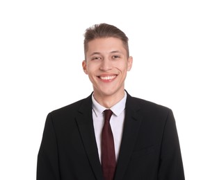 Handsome young man in suit on white background