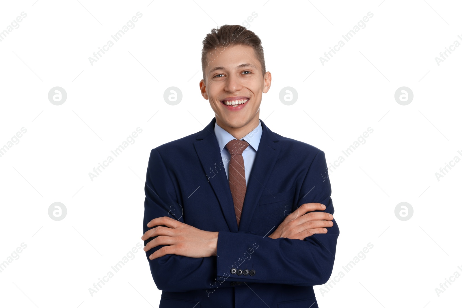 Photo of Handsome young man in suit on white background