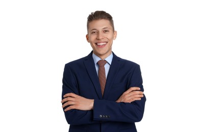 Handsome young man in suit on white background