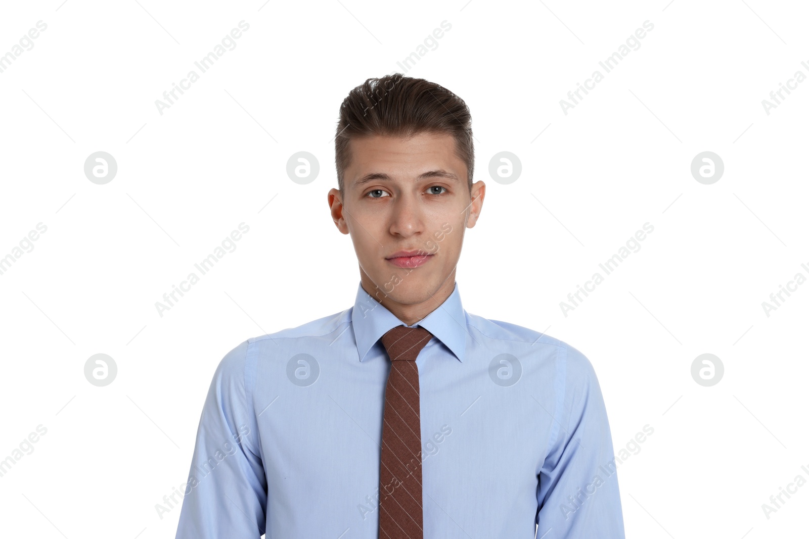 Photo of Handsome young man in formal outfit on white background