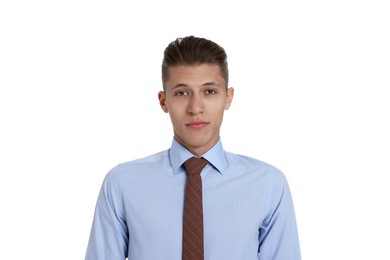 Photo of Handsome young man in formal outfit on white background