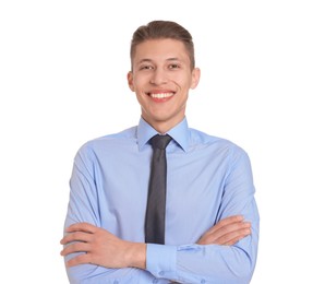 Photo of Handsome young man in formal outfit on white background