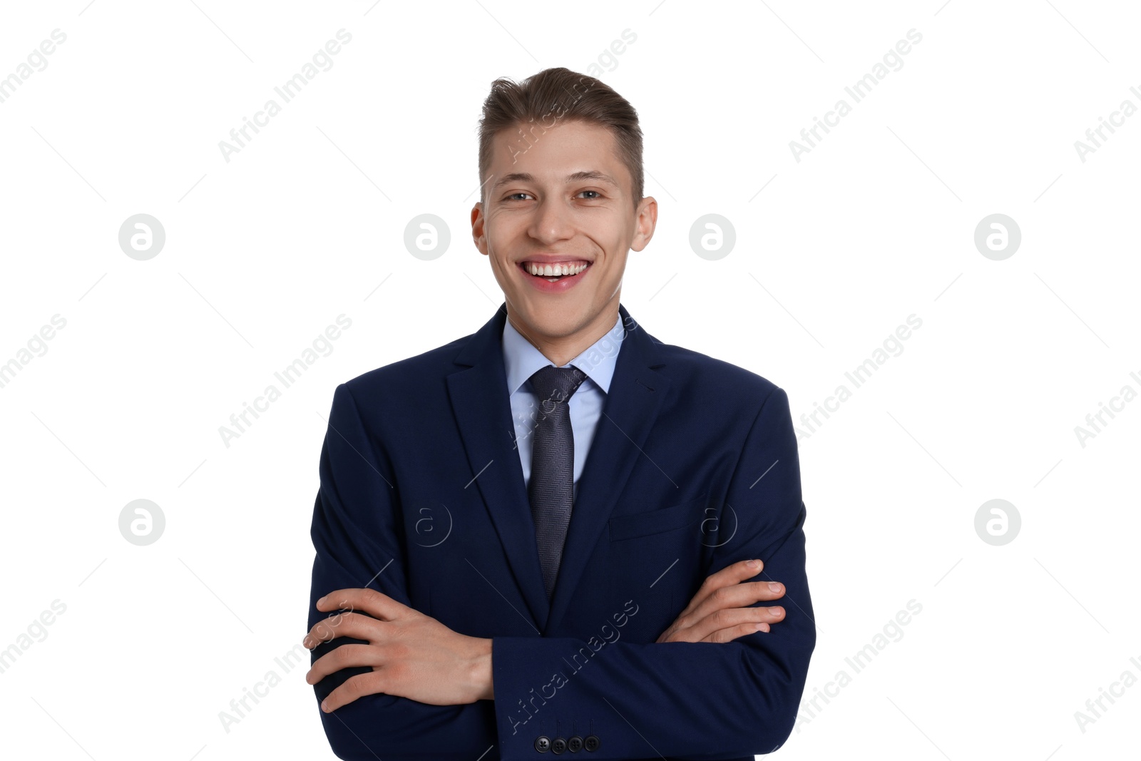 Photo of Handsome young man in suit on white background