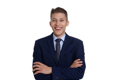 Photo of Handsome young man in suit on white background