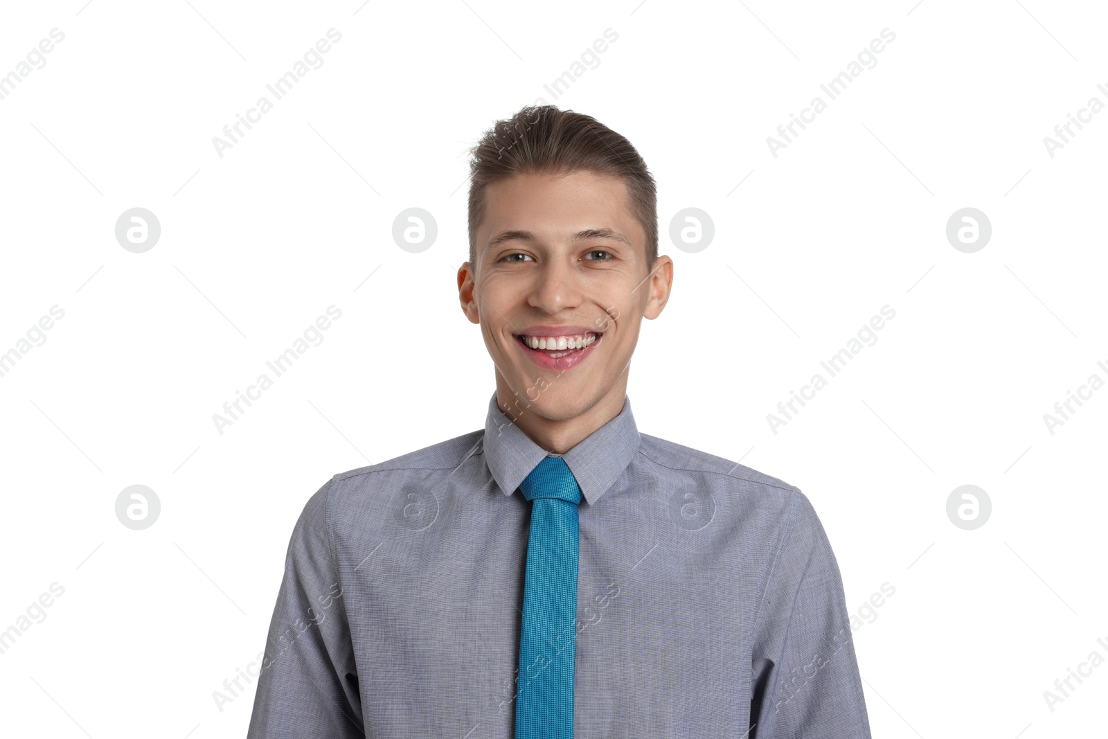 Photo of Handsome young man in formal outfit on white background