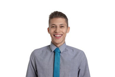 Photo of Handsome young man in formal outfit on white background