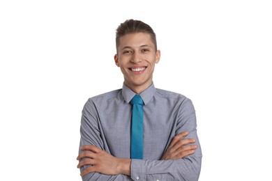 Photo of Handsome young man in formal outfit on white background