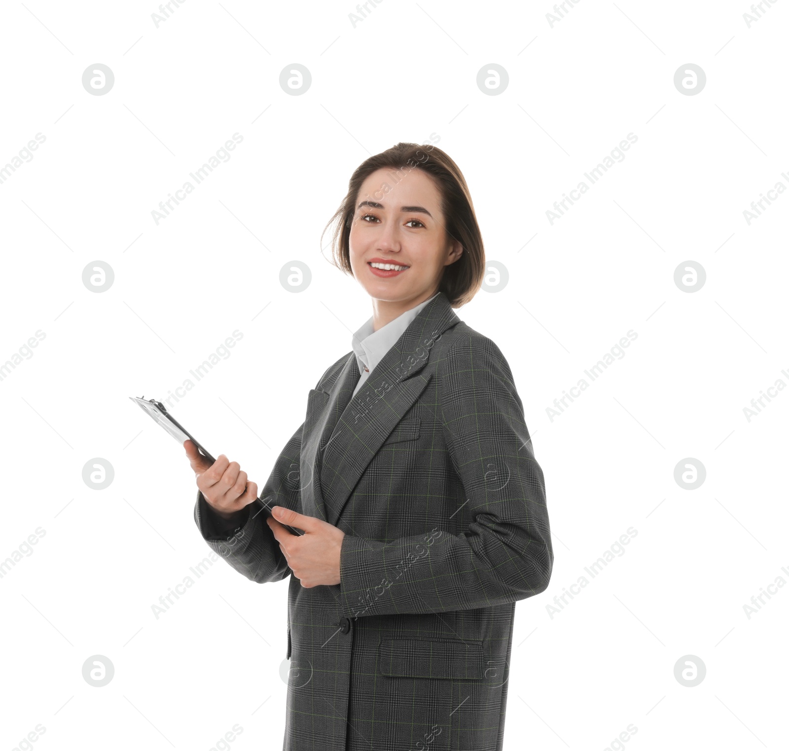 Photo of Portrait of young secretary with clipboard on white background