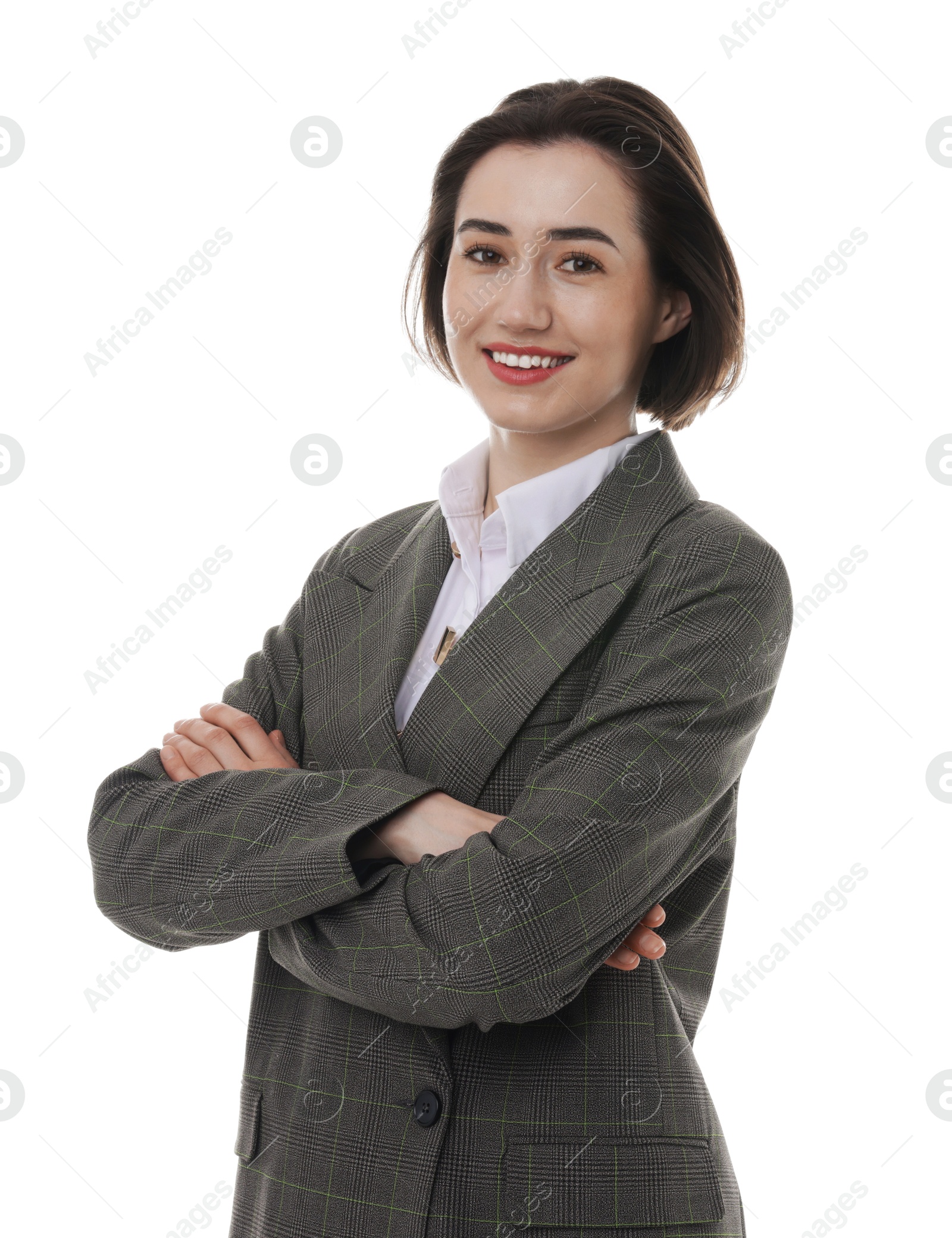 Photo of Portrait of confident secretary on white background