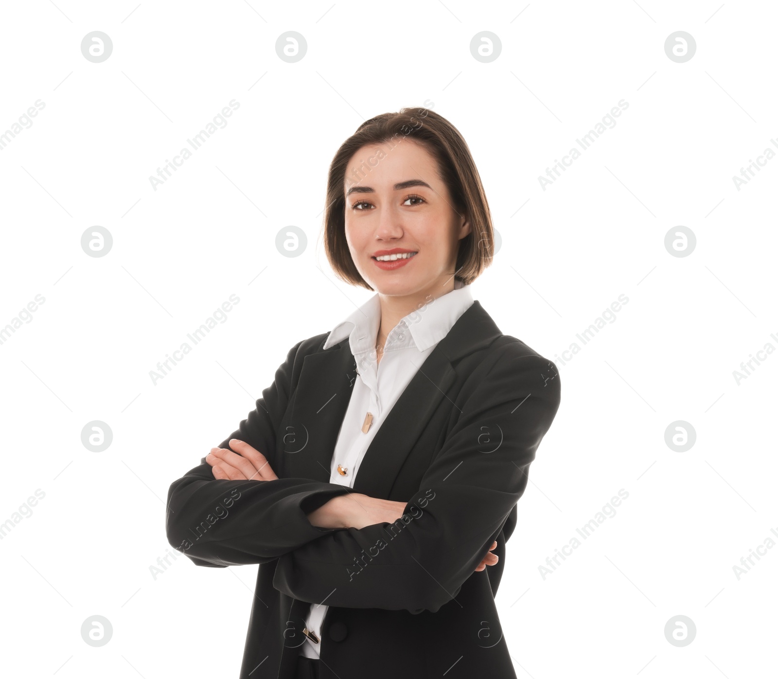 Photo of Portrait of confident secretary on white background