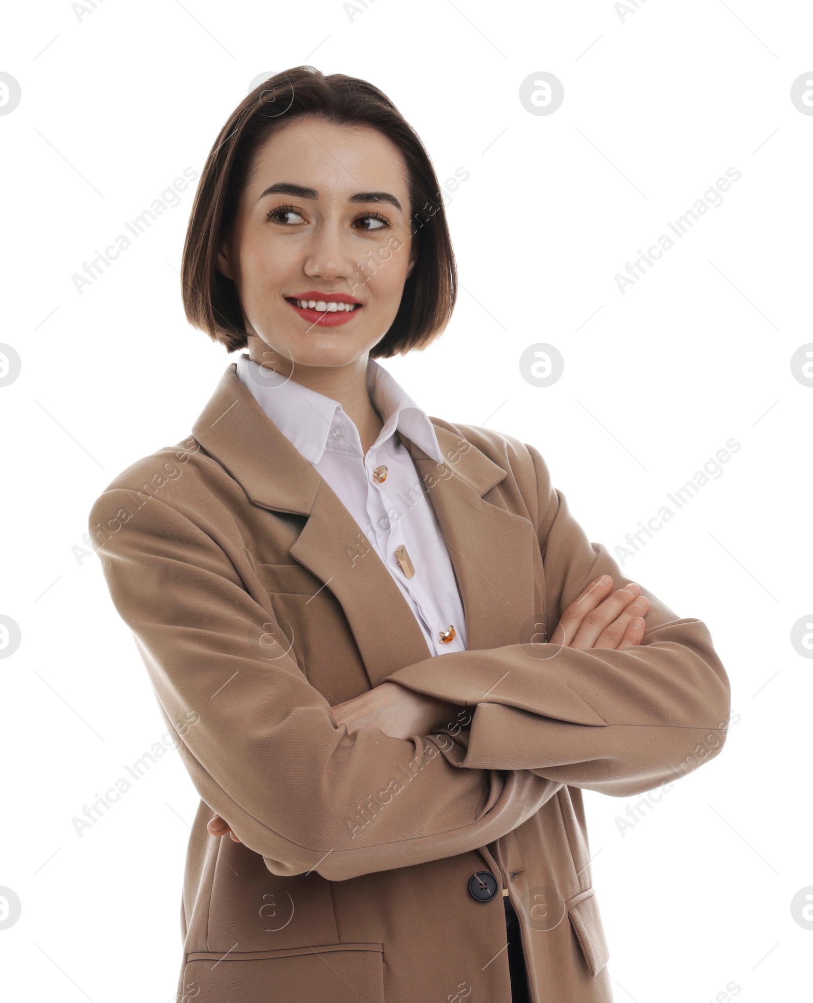 Photo of Portrait of confident secretary on white background