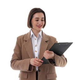 Smiling secretary with clipboard on white background