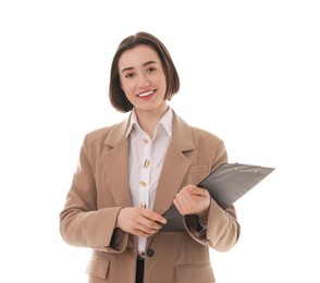 Smiling secretary with clipboard on white background