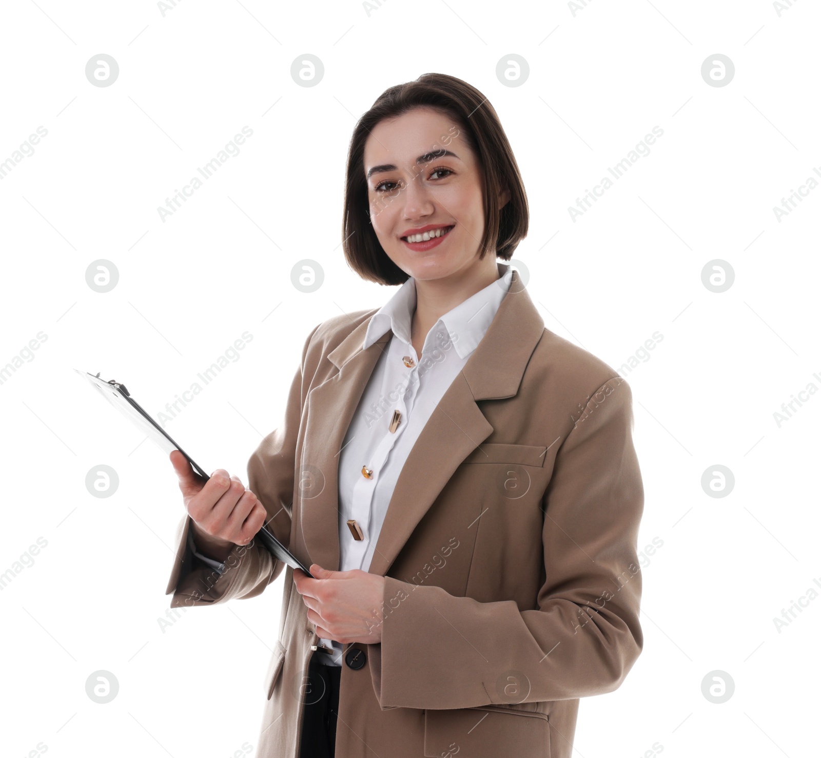 Photo of Smiling secretary with clipboard on white background