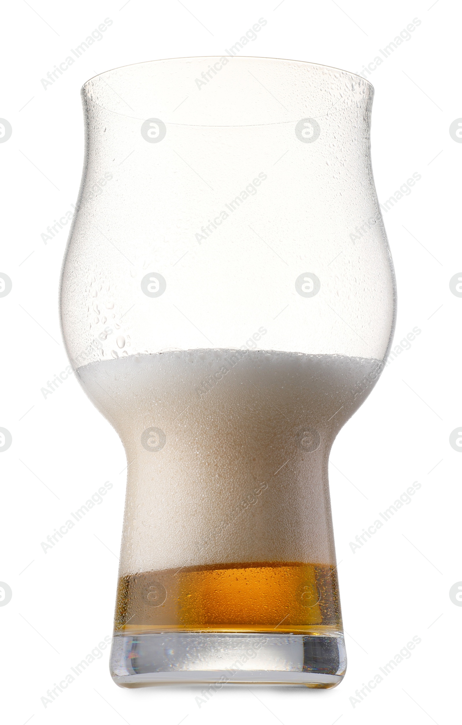 Photo of Half full glass of beer isolated on white