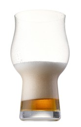 Photo of Half full glass of beer isolated on white