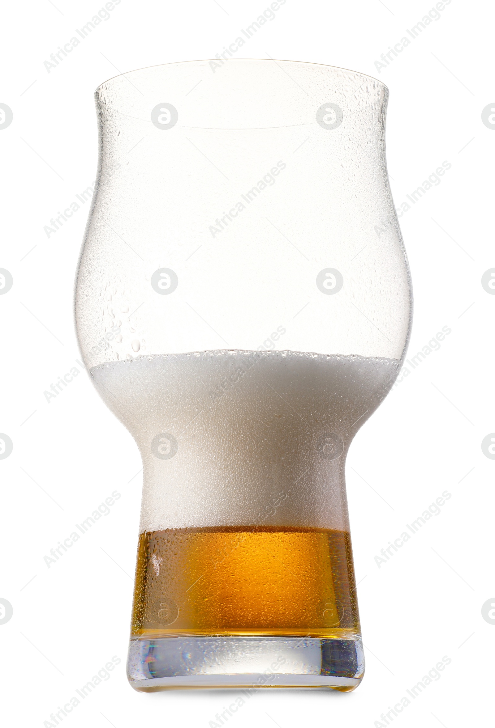 Photo of Half full glass of beer isolated on white