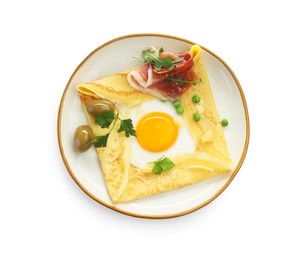 Photo of Delicious crepe with egg, bacon, olives and green peas isolated on white, top view