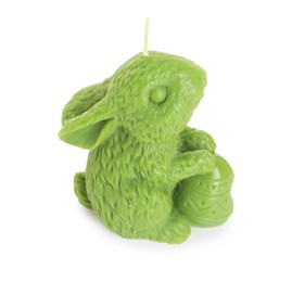 Photo of Green bunny-shaped candle isolated on white. Easter decor