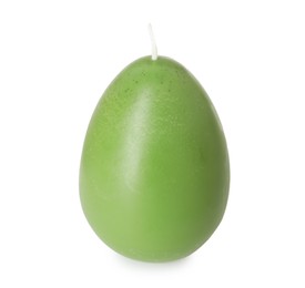 Photo of Green egg-shaped candle isolated on white. Easter decor