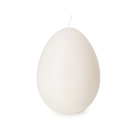 Photo of Egg-shaped candle isolated on white. Easter decor