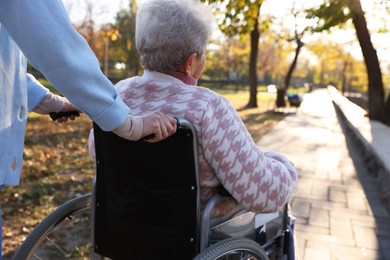 Caregiver with elderly woman in wheelchair at park, closeup