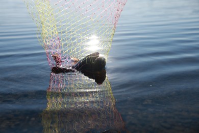 Photo of Net with catch above river. Fishing day