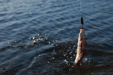 Photo of Catching fish on hook in river. Fishing day