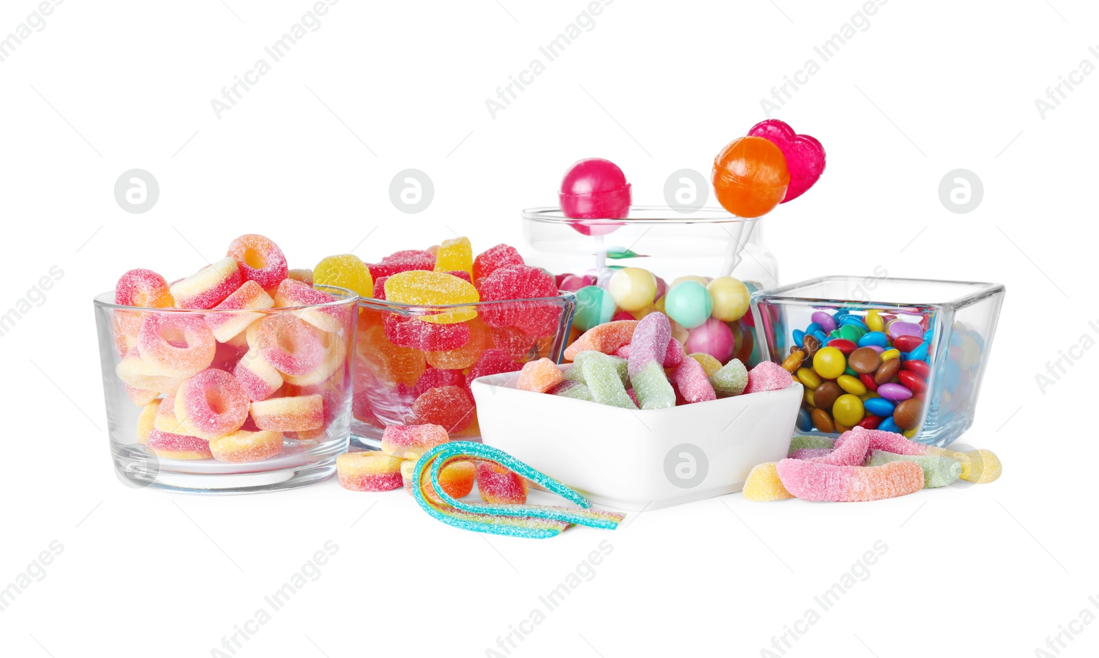 Photo of Candy bar. Many different tasty sweets on white background