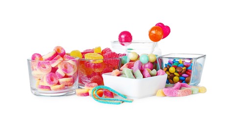 Photo of Candy bar. Many different tasty sweets on white background