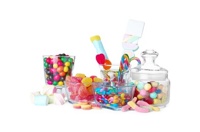 Photo of Candy bar. Many different tasty sweets on white background