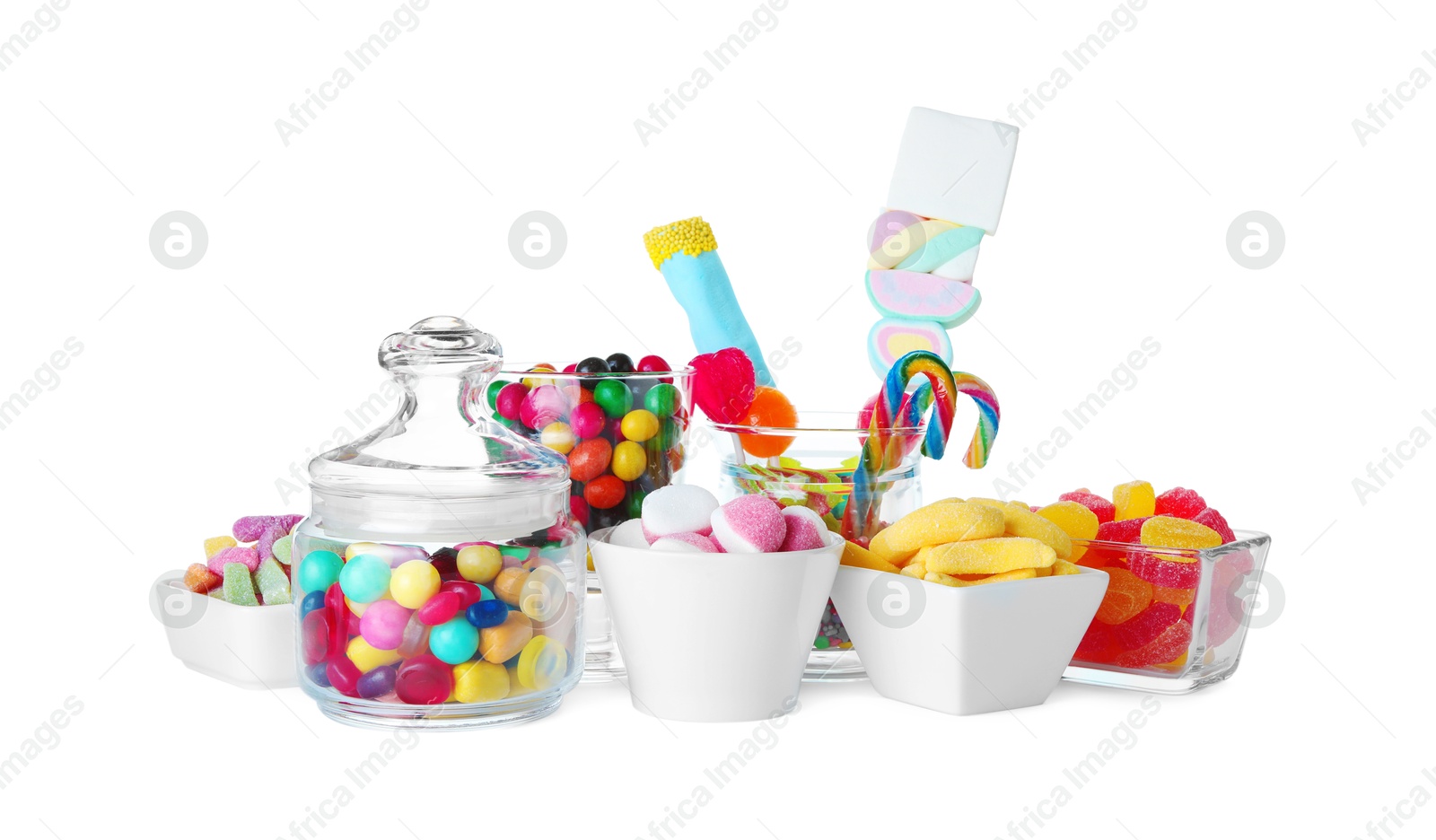 Photo of Candy bar. Many different tasty sweets on white background