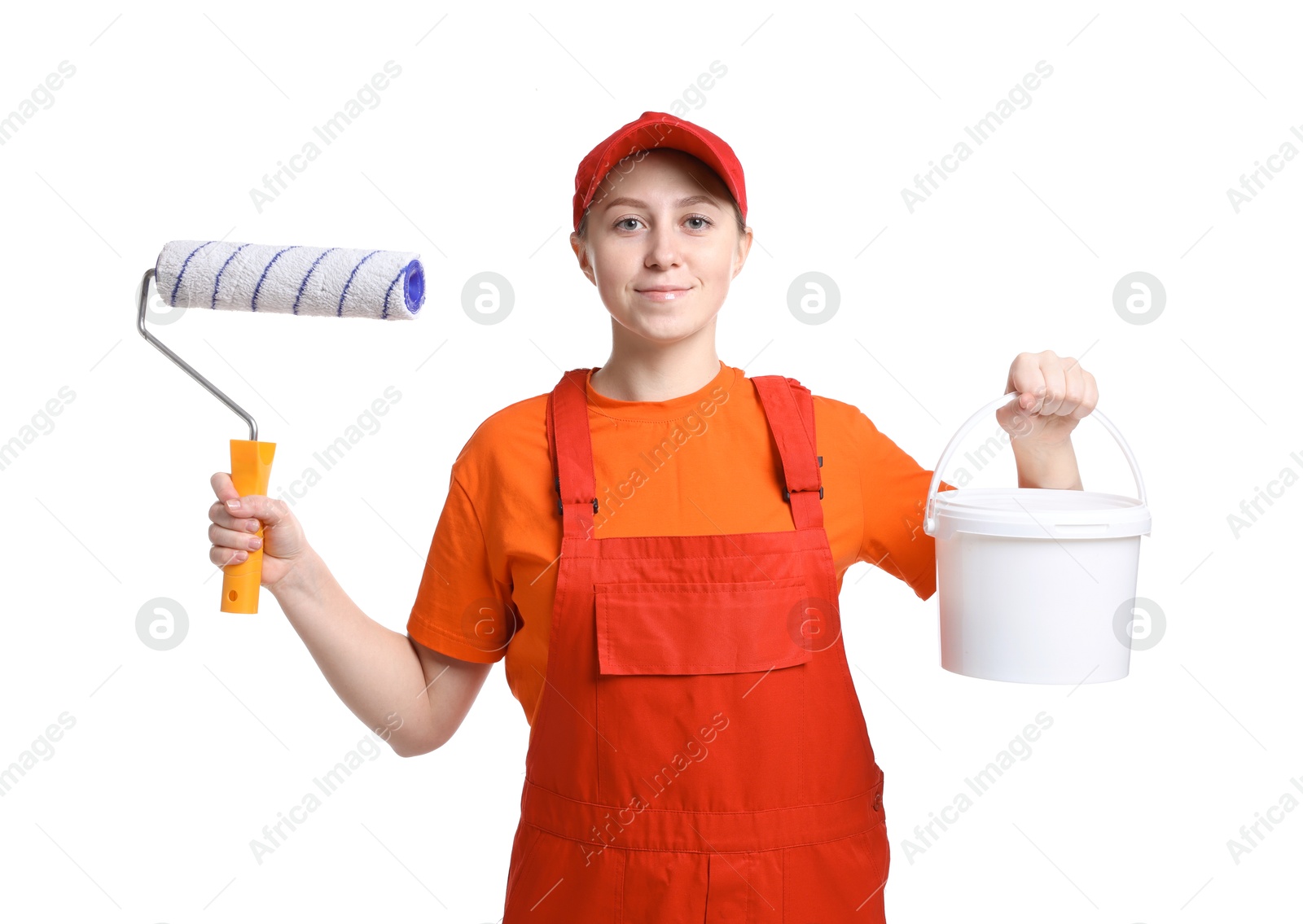 Photo of Professional painter with roller and bucket of paint on white background