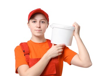 Photo of Professional painter with bucket of paint on white background