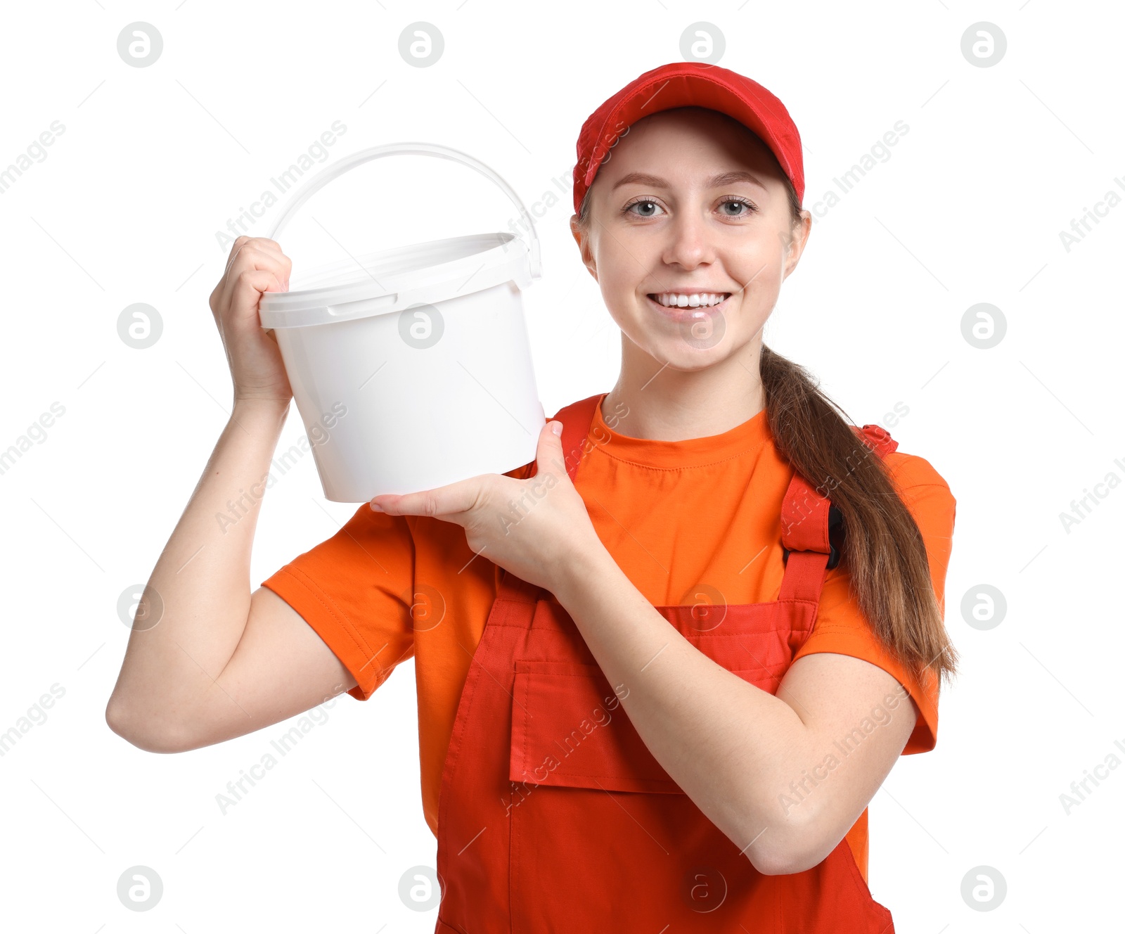 Photo of Professional painter with bucket of paint on white background