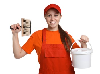 Photo of Professional painter with brush and bucket of paint on white background